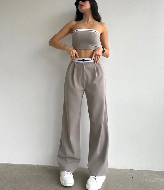 TAMBREET Sexy Women's Tracksuit with Boob Tube Top Slash Neck Contrast Color Wide Leg Trousers Sports Suit for Women Two Piece Set Outfit