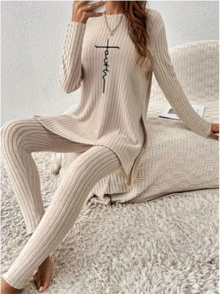 TAMBREET Casual Solid Color Winter Knitted Suit Women Two-Piece Long Sleeve Split Top Slim Fit Pants Autumn Fashion Set