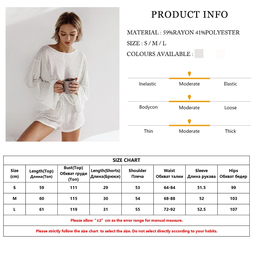 TAMBREET Marthaqiqi Casual White Women'S Nightgowns Set O-Neck Sleepwear Long Sleeve Nightwear Shorts Loose Ladies Pajamas 2 Piece Suits