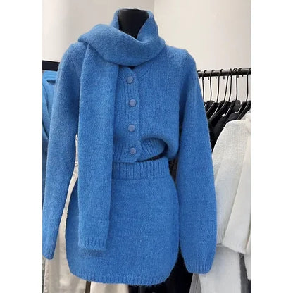 TAMBREET Winter Commuter Women Suit New Korean Style Solid Color Knitted Cardigan Short Skirt Set Blue Two Piece Sets Women Outfits