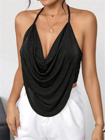 TAMBREET Sexy Draped Front Backless Crop Halter Top Women Summer 2024 Black Sleeveless Backless Cami Top Streetwear Party Clubwear