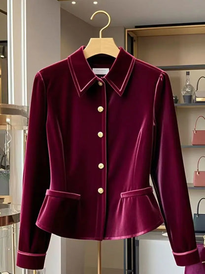 TAMBREET French Exquisite Short Coat Women Red Velvet Jacket Autumn Winter Office Lady Slim Waist Outerwears Design Korean Elegant Tops