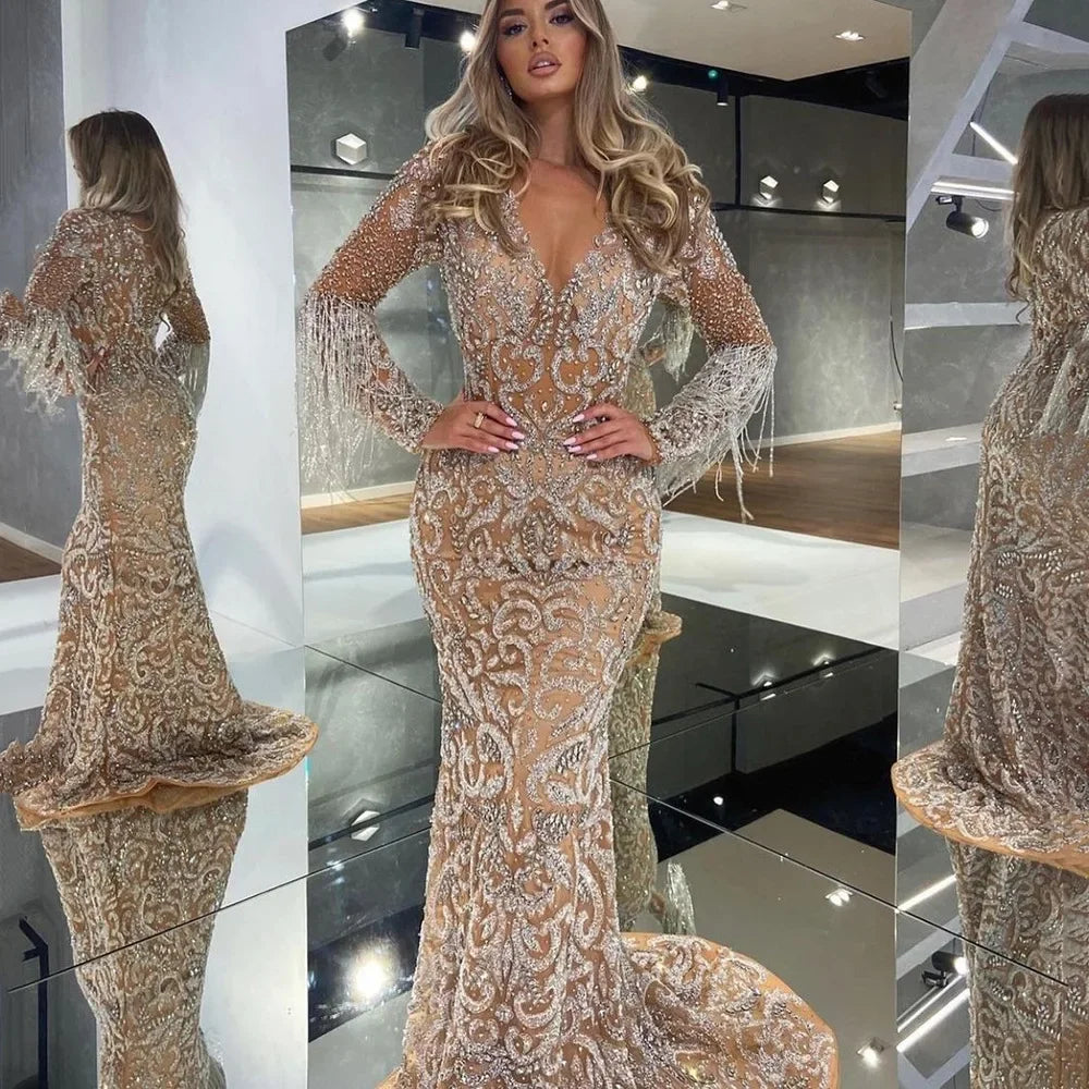 TAMBREET 2024 New European and American Evening Dress Female Fishtail Sprinkled Gold Tassel Elegant Sexy Dress Slim Bag Hip Long Skirt