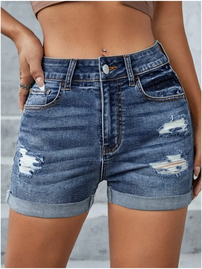 TAMBREET LW High Waist Ripped Pocket Design Solid Skinny Stretchy Denim Shorts Women Casual Ripped Stretchy Cuffed Hem Hot Jean Pants