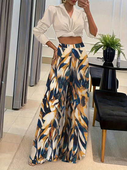 TAMBREET Elegant Geometric Printing, Fashionable All Season New Street Loose Fit Wide Leg Pants, Fashionable Long Pants