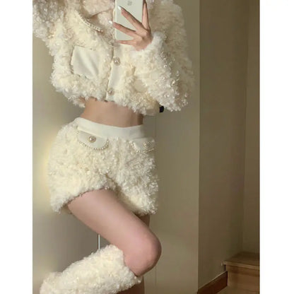 TAMBREET Sweet and Spicy Girl Lamb Fur Plush Short Coat Stylish High Waist Slim Shorts Winter New Fashion Two Piece Set Women Outfits