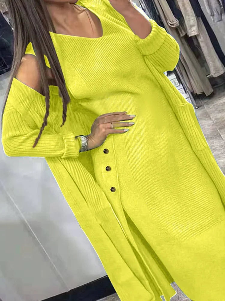 TAMBREET TYHRU Spring Autumn Women's Casual Knitted Costume Cardigan Loose Sweater Coat +Vest Dresses Two Piece Sets Clothes