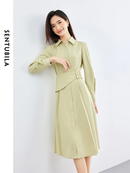 TAMBREET SENTUBILA Polo Collar Light Green Shirt Dress 2024 Spring Solid Single Breasted Belt A-line Long Sleeve Midi Dresses 141L52935