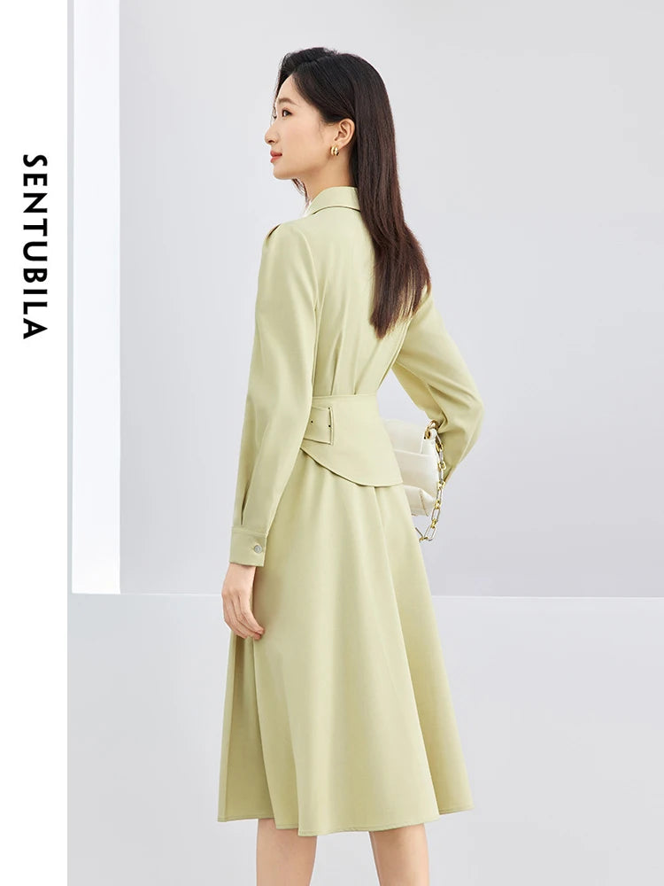 TAMBREET SENTUBILA Polo Collar Light Green Shirt Dress 2024 Spring Solid Single Breasted Belt A-line Long Sleeve Midi Dresses 141L52935