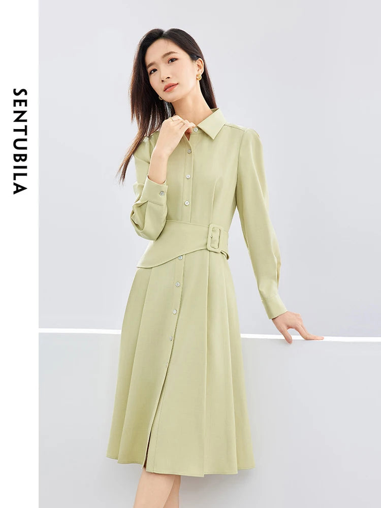 TAMBREET SENTUBILA Polo Collar Light Green Shirt Dress 2024 Spring Solid Single Breasted Belt A-line Long Sleeve Midi Dresses 141L52935