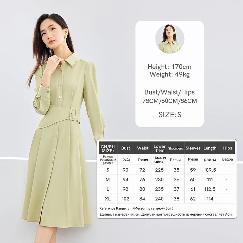 TAMBREET SENTUBILA Polo Collar Light Green Shirt Dress 2024 Spring Solid Single Breasted Belt A-line Long Sleeve Midi Dresses 141L52935