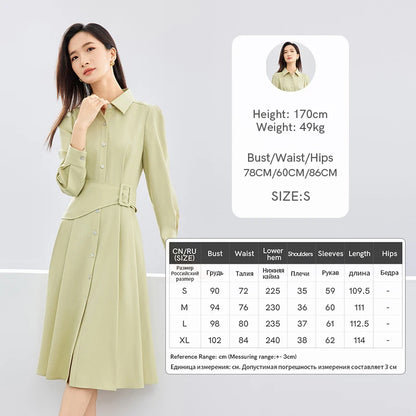 TAMBREET SENTUBILA Polo Collar Light Green Shirt Dress 2024 Spring Solid Single Breasted Belt A-line Long Sleeve Midi Dresses 141L52935