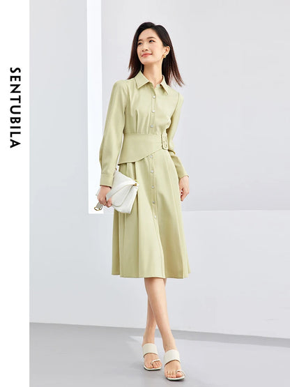 TAMBREET SENTUBILA Polo Collar Light Green Shirt Dress 2024 Spring Solid Single Breasted Belt A-line Long Sleeve Midi Dresses 141L52935