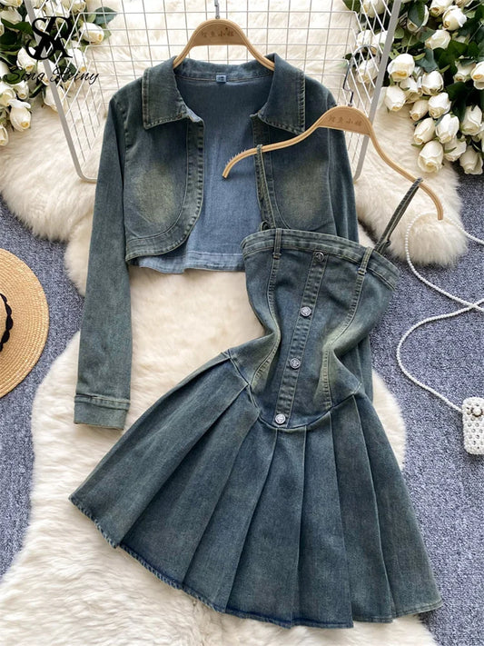 TAMBREET SINGREINY American Retro Denim Suits Female Long Sleeve Cardigan+Spaghetti Strap Zipper Buttons Hotsweet Dress Preppy Style Sets