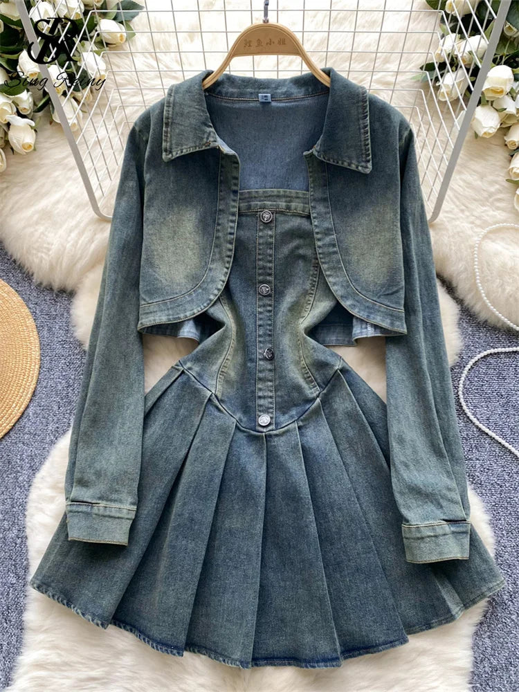 TAMBREET SINGREINY American Retro Denim Suits Female Long Sleeve Cardigan+Spaghetti Strap Zipper Buttons Hotsweet Dress Preppy Style Sets