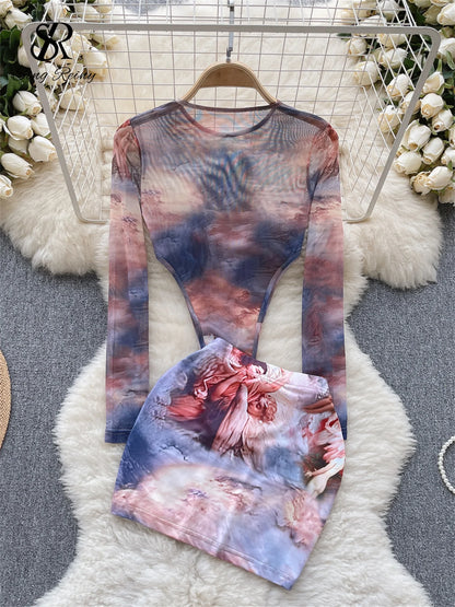 TAMBREET SINGREINY Fashion Hotsweet Two Pieces Suits O Neck Long Sleeved Transparent BodySuit Top+ Skinny Mini Skirt Tie Dye Print Sets