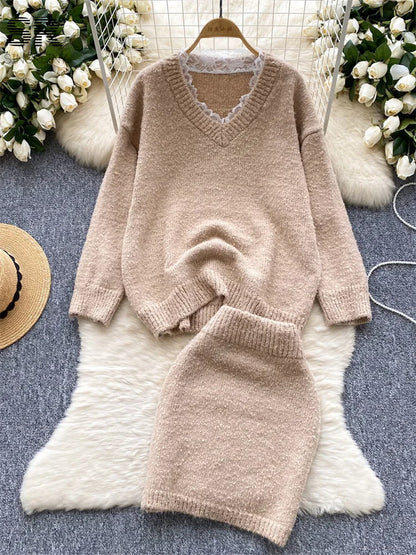 TAMBREET SINGREINY Gentle Sweater 2pcs Sets Women Lace Splice V Neck Pullover+Elastic Waist Skirt Winter Loose Knitted Two Pieces Suits