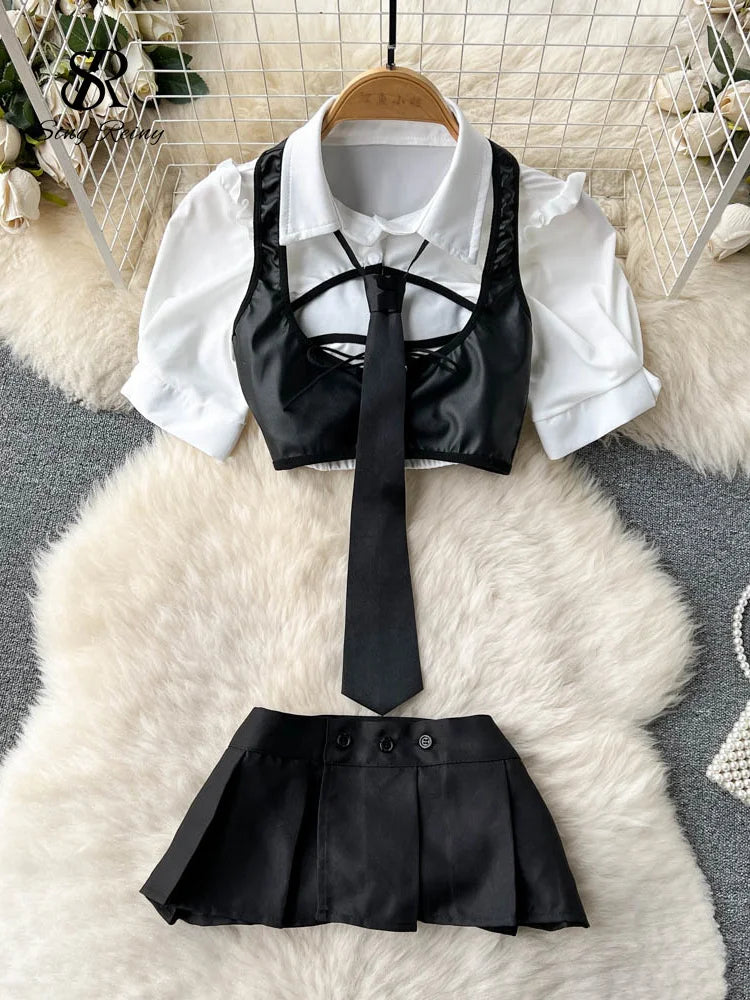 TAMBREET SINGREINY Preppy Style Erotic Skirt Suits Fashion Short Sleeve Tops+Button Mini Skirt Suit Women Hollow Out Sexy 2 Pieces Sets