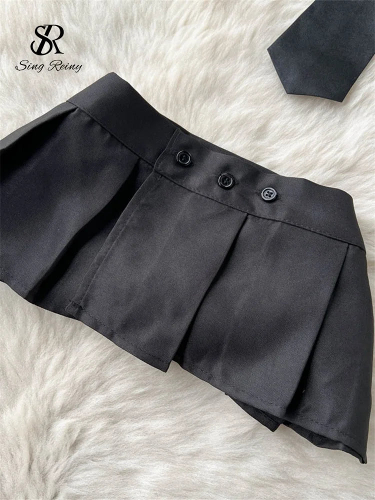 TAMBREET SINGREINY Preppy Style Erotic Skirt Suits Fashion Short Sleeve Tops+Button Mini Skirt Suit Women Hollow Out Sexy 2 Pieces Sets