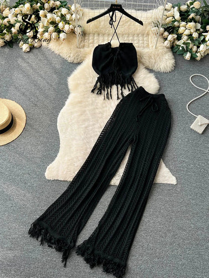 TAMBREET SINGREINY Summer Knitted Beach Two Pieces Sets Women Halter Backless Camis+Wide Legs Long Pants Tassel Hollow Out Bohe Suits