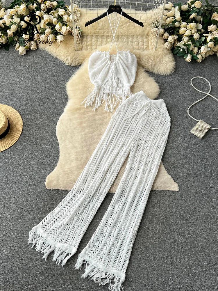 TAMBREET SINGREINY Summer Knitted Beach Two Pieces Sets Women Halter Backless Camis+Wide Legs Long Pants Tassel Hollow Out Bohe Suits