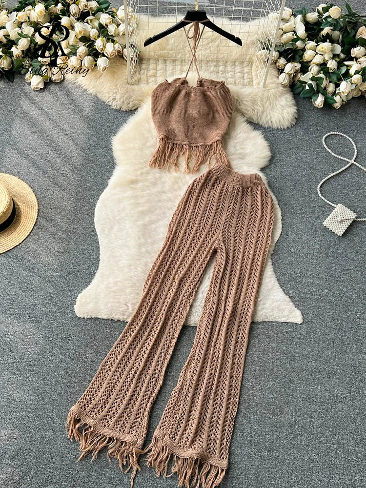 TAMBREET SINGREINY Summer Knitted Beach Two Pieces Sets Women Halter Backless Camis+Wide Legs Long Pants Tassel Hollow Out Bohe Suits