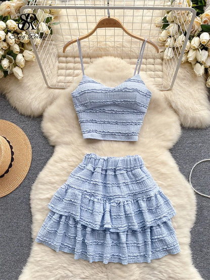 TAMBREET SINGREINY Sweet Ruched Two Pieces Sets V Neck Strap Crop Tops+Short Pleated Skirt Women Korean Style Chic Summer Beachwear Suits