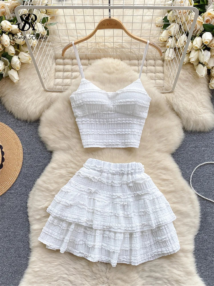 TAMBREET SINGREINY Sweet Ruched Two Pieces Sets V Neck Strap Crop Tops+Short Pleated Skirt Women Korean Style Chic Summer Beachwear Suits