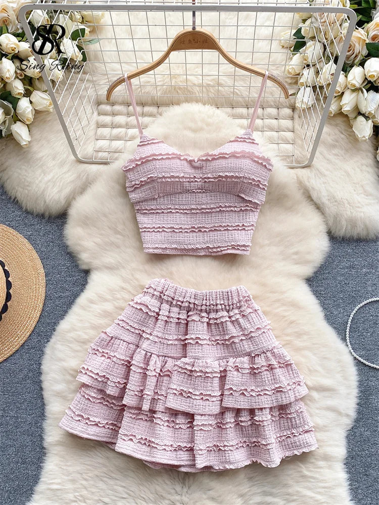 TAMBREET SINGREINY Sweet Ruched Two Pieces Sets V Neck Strap Crop Tops+Short Pleated Skirt Women Korean Style Chic Summer Beachwear Suits