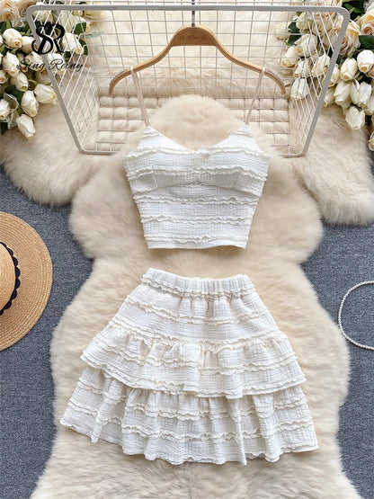 TAMBREET SINGREINY Sweet Ruched Two Pieces Sets V Neck Strap Crop Tops+Short Pleated Skirt Women Korean Style Chic Summer Beachwear Suits