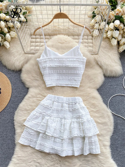 TAMBREET SINGREINY Sweet Ruched Two Pieces Sets V Neck Strap Crop Tops+Short Pleated Skirt Women Korean Style Chic Summer Beachwear Suits