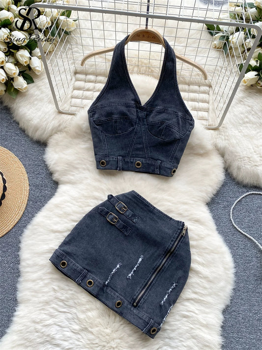 TAMBREET  SINGREINY Trend High Street Denim Suits Backless Sleeveles Halter Y2K Top+ Zipper Pleated Mini Skirt Hollow Out Two Pieces Sets