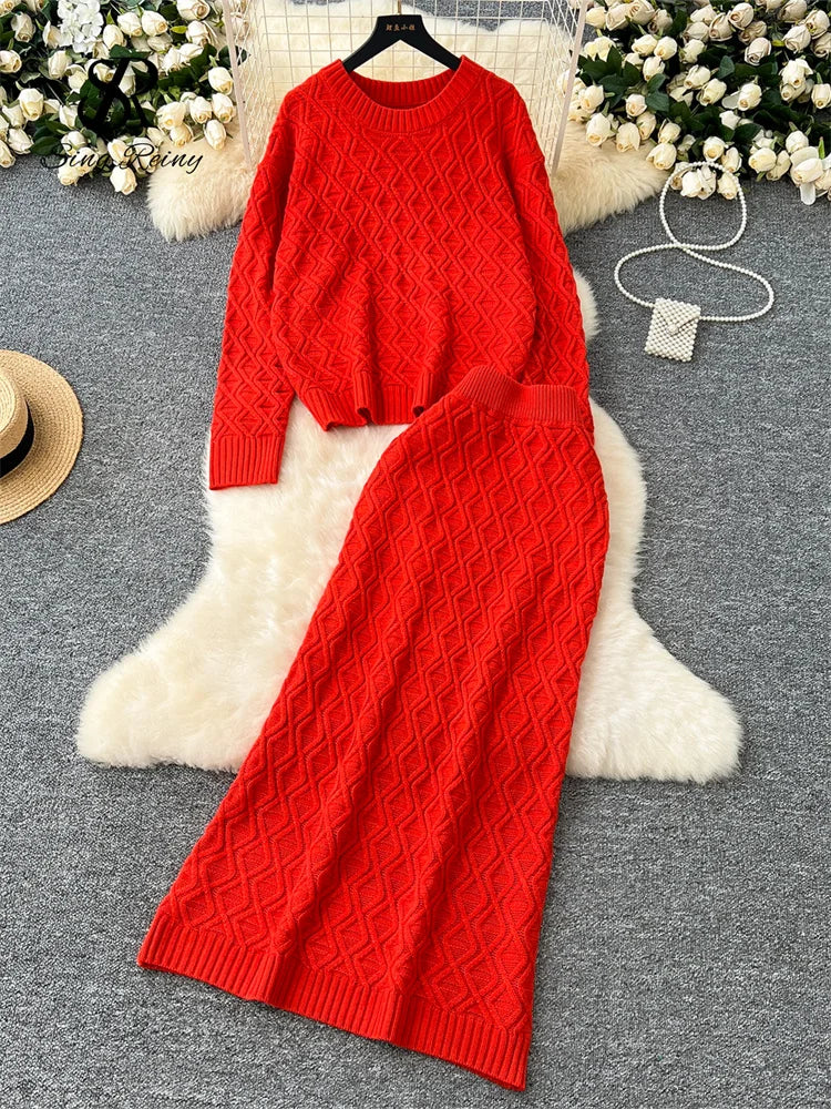 TAMBREET SINGREINY Winter Thick Warm Sweater Suits Ladies Long Sleeves Loose Pullover+Elastic Long Skirt Casual Knitted Two Pieces Sets