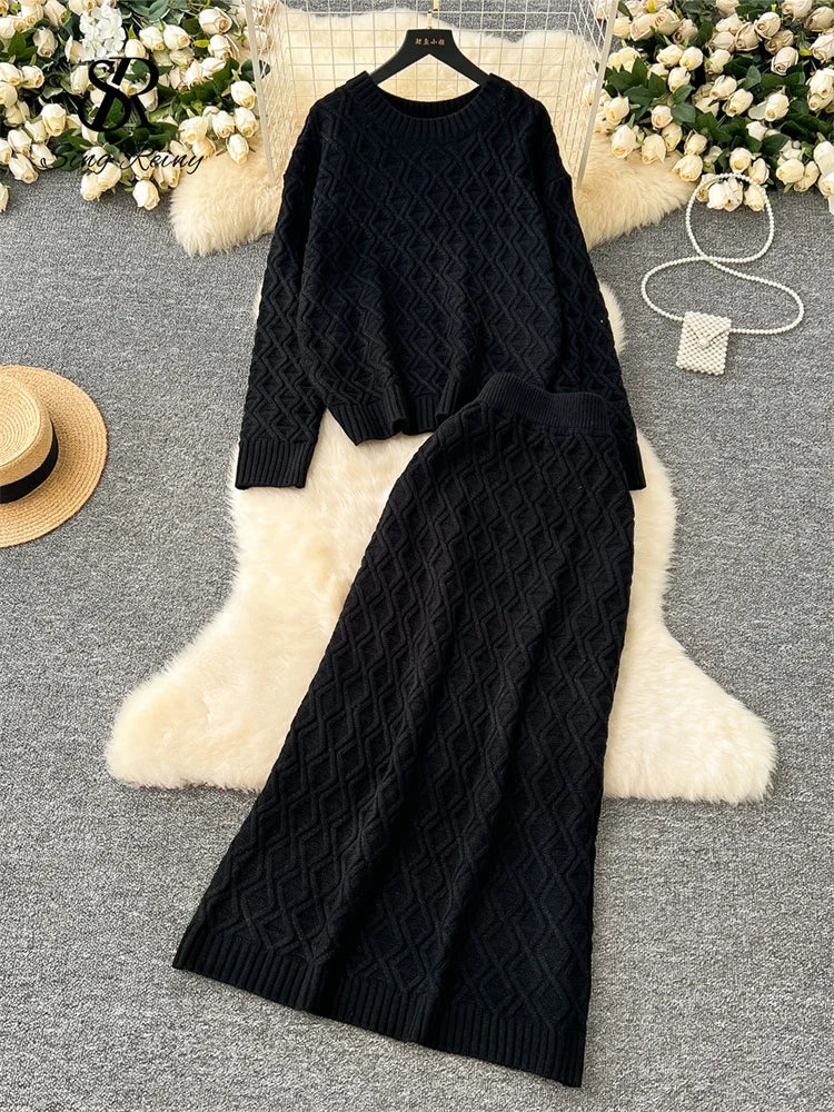 TAMBREET SINGREINY Winter Thick Warm Sweater Suits Ladies Long Sleeves Loose Pullover+Elastic Long Skirt Casual Knitted Two Pieces Sets