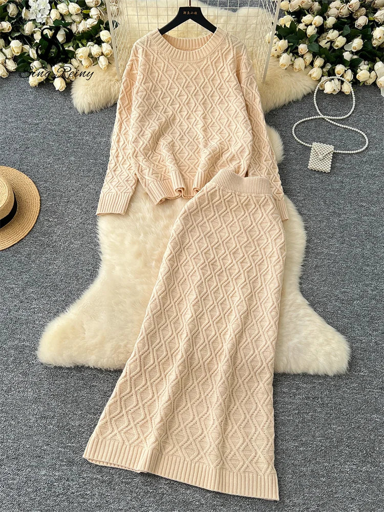 TAMBREET SINGREINY Winter Thick Warm Sweater Suits Ladies Long Sleeves Loose Pullover+Elastic Long Skirt Casual Knitted Two Pieces Sets