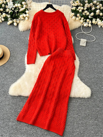 TAMBREET SINGREINY Winter Thick Warm Sweater Suits Ladies Long Sleeves Loose Pullover+Elastic Long Skirt Casual Knitted Two Pieces Sets