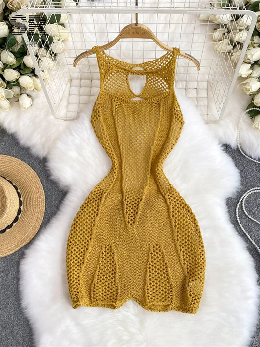 TAMBREET SINGREINY Yellow Sleeveless Jumpsuit Women Hollow Out O Neck Elegant Stretch Transparent Ladies Casual Summer Slim Rompers