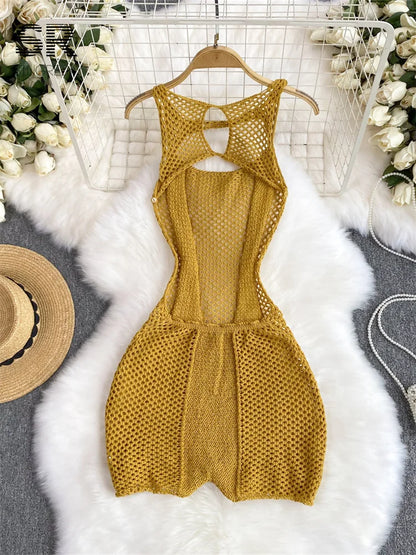 TAMBREET SINGREINY Yellow Sleeveless Jumpsuit Women Hollow Out O Neck Elegant Stretch Transparent Ladies Casual Summer Slim Rompers