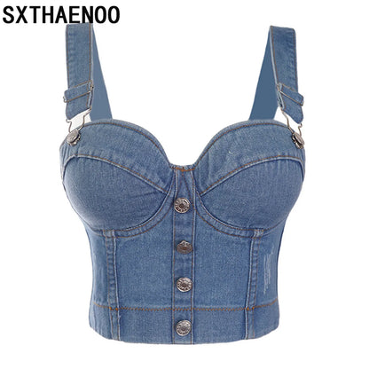 TAMBREET SXTHAENOO Fashion Sexy Denim Jeans Women Button Bustier Bra Party Night Club Party Cropped Top Vest Plus Size Ropa De Mujer