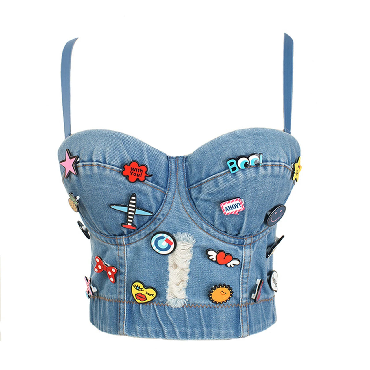 TAMBREET SXTHAENOO Fashion Sexy Denim Jeans Women Button Bustier Bra Party Night Club Party Cropped Top Vest Plus Size Ropa De Mujer