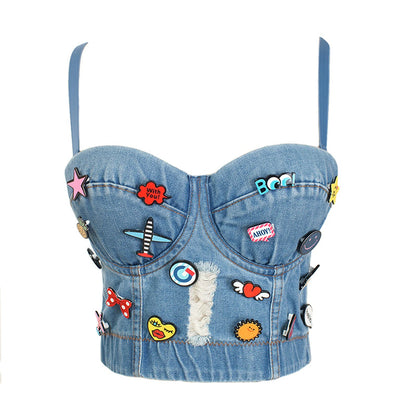 TAMBREET SXTHAENOO Fashion Sexy Denim Jeans Women Button Bustier Bra Party Night Club Party Cropped Top Vest Plus Size Ropa De Mujer