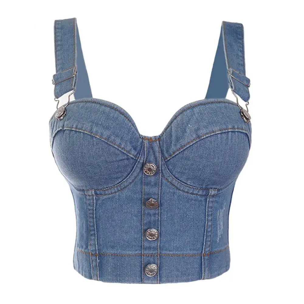 TAMBREET SXTHAENOO Fashion Sexy Denim Jeans Women Button Bustier Bra Party Night Club Party Cropped Top Vest Plus Size Ropa De Mujer