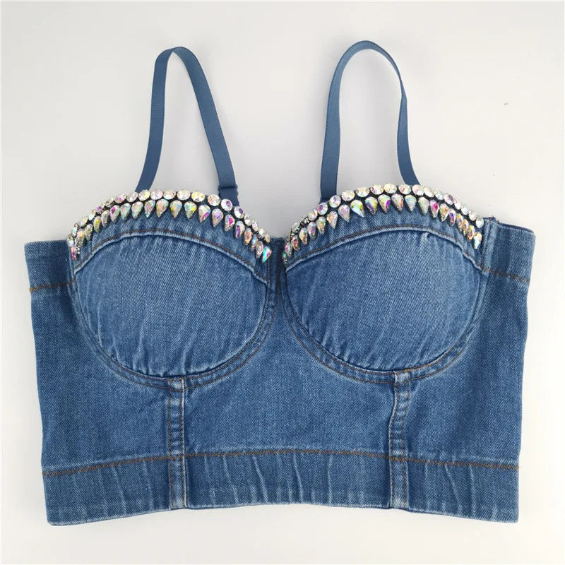 TAMBREET SXTHAENOO Fashion Sexy Denim Jeans Women Button Bustier Bra Party Night Club Party Cropped Top Vest Plus Size Ropa De Mujer