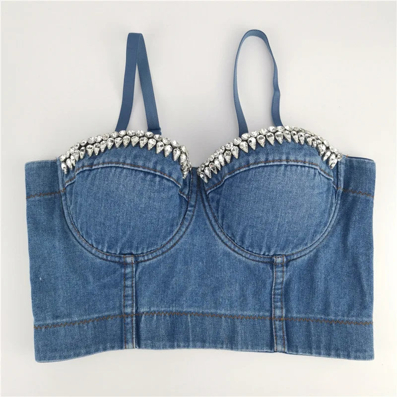 TAMBREET SXTHAENOO Fashion Sexy Denim Jeans Women Button Bustier Bra Party Night Club Party Cropped Top Vest Plus Size Ropa De Mujer