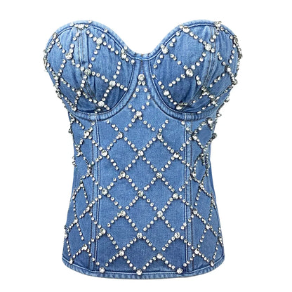 TAMBREET SXTHAENOO Women Sexy Fashion Crop Top Diamond Flower Strapless Vest Bustier Bra Night Club Party Tank Top Female Ropa De Mujer