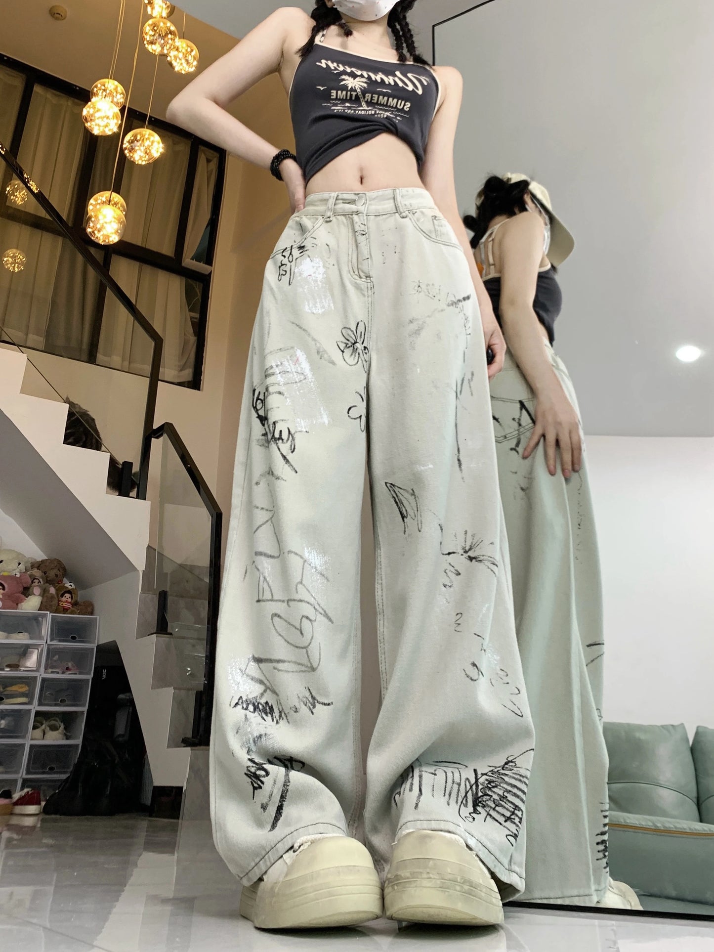 TAMBREET High Street Scrawl Print Jeans for Women American Hip-hop Vintage Wide Leg Pants Women Casual Trendy All-match Woman Trousers