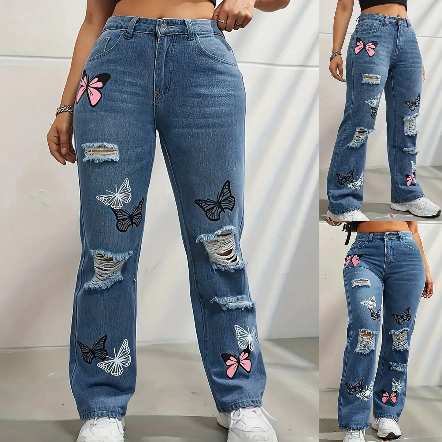 TAMBREET Women's High Waist Button Up Butterfly Print Jeans Fashion Casual Straight Pants for Women Spring Summer 2024 Chic Ripped Jeans