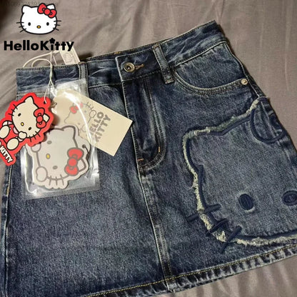 TAMBREET  Sanrio Hello Kitty Gothic Design Mini Denim Skirt Women's Summer New High Waist Wrap Jean Skirt A-line Korean Y 2k Fashion Skirt