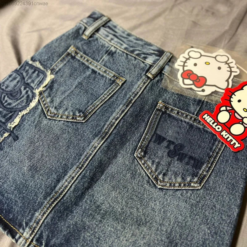 TAMBREET  Sanrio Hello Kitty Gothic Design Mini Denim Skirt Women's Summer New High Waist Wrap Jean Skirt A-line Korean Y 2k Fashion Skirt