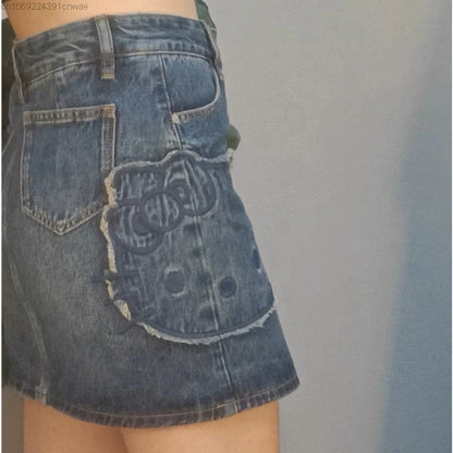 TAMBREET  Sanrio Hello Kitty Gothic Design Mini Denim Skirt Women's Summer New High Waist Wrap Jean Skirt A-line Korean Y 2k Fashion Skirt